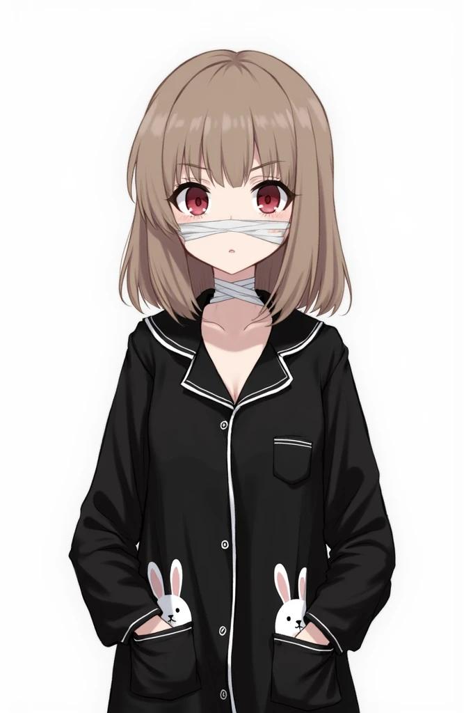 Drawing of a female character, chest-length light brown hair, bangs in the middle reaching to her mouth, neck wrapped in medical tape, red eyes and wearing black pajamas with rabbit motifs, standing, background white 