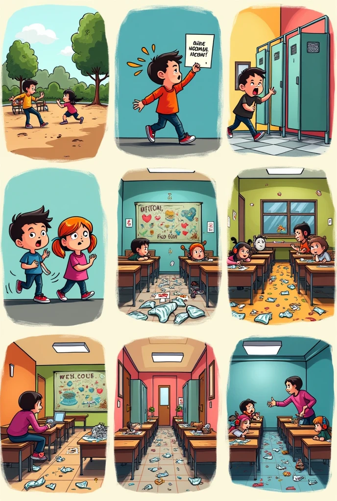 Give me 7 good cartoon illustrations where these 7 negative actions that harm the school are shown and listed: 
1. Lack of green areas (First picture)
2.Public services (bathrooms) without much hygiene (second)
3.Water waste (leaky pipes) my role (third)
4.a lot of noise in the classroom and recess (fourth)
5.accumulation of solid waste (Fifth)
6.Visual pollution(graffiti on the desks and chairs) (sixth)
 7.Proliferation of garbage in the classrooms and hallways(seventh)