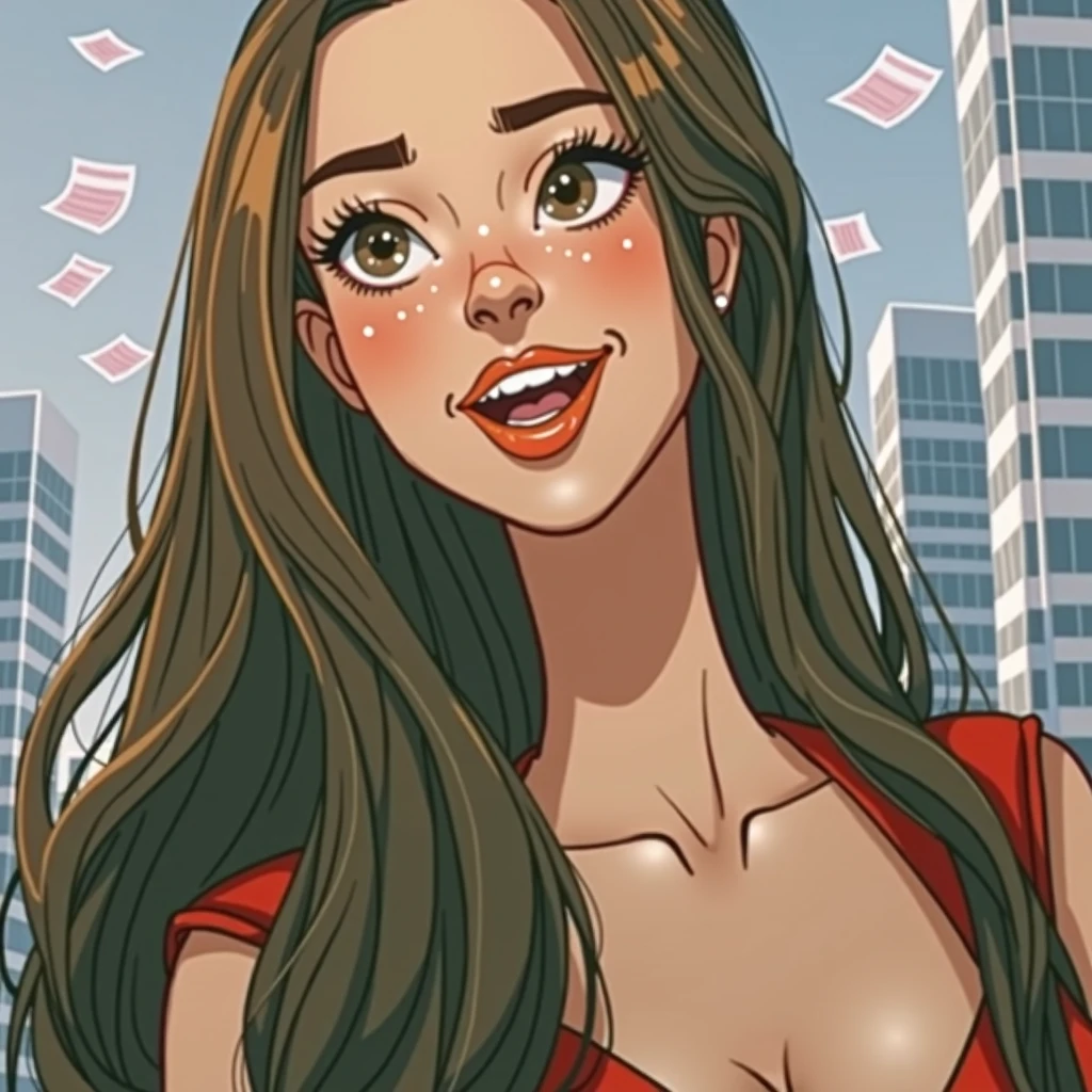 Pixar model drawing of a brunette businesswoman, slim, long haired wearing a red dress.