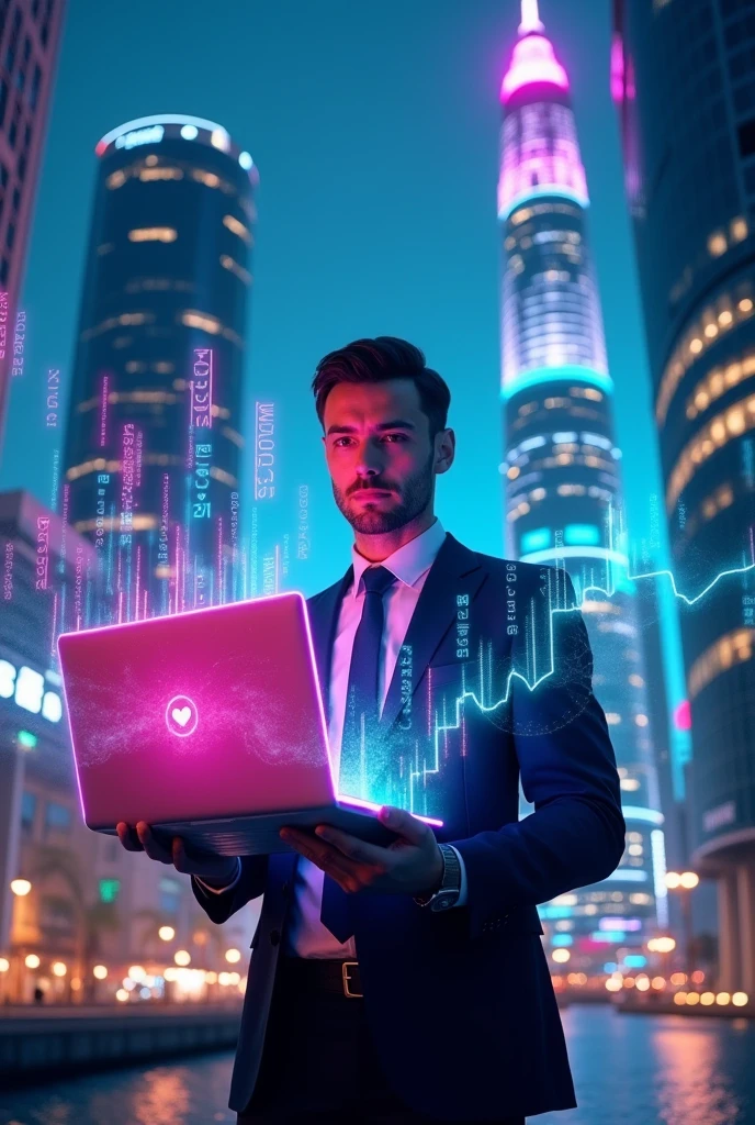 A suited man holding a laptop computer that emits lights and holograms with a finance theme, neon colors.