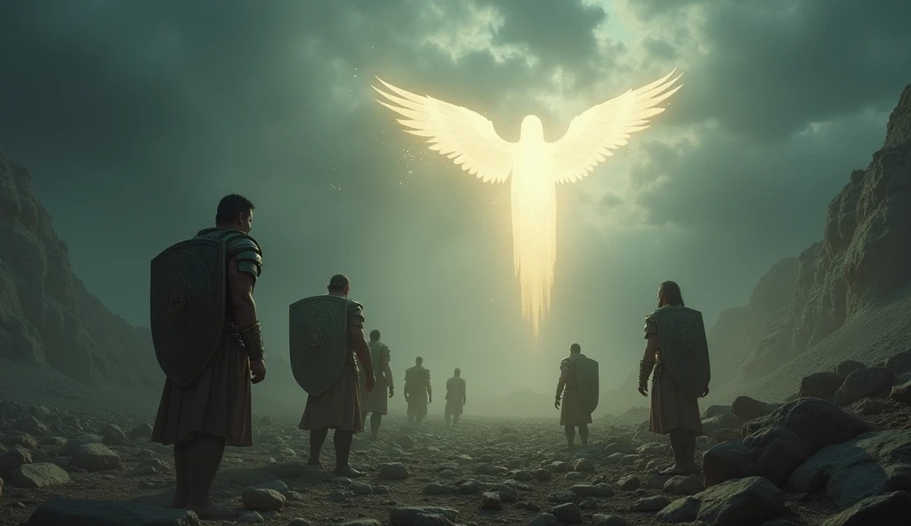 A scene of despair, where Assyrian soldiers face each other in panic, Looking at the sky. the angel is visible only as an illuminated silhouette, creating a powerful contrast.