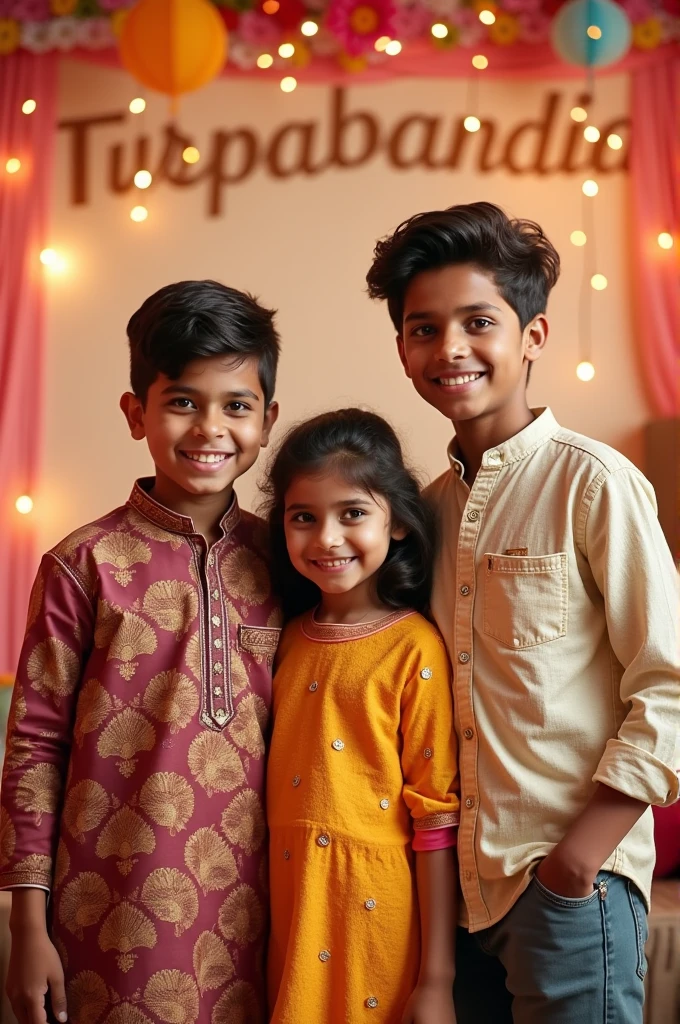 Three step brothers and one younger sister celebrated rakshabandhan, background wall written RAJA, AMLESH, ABHISHEK, AMRITA in light text