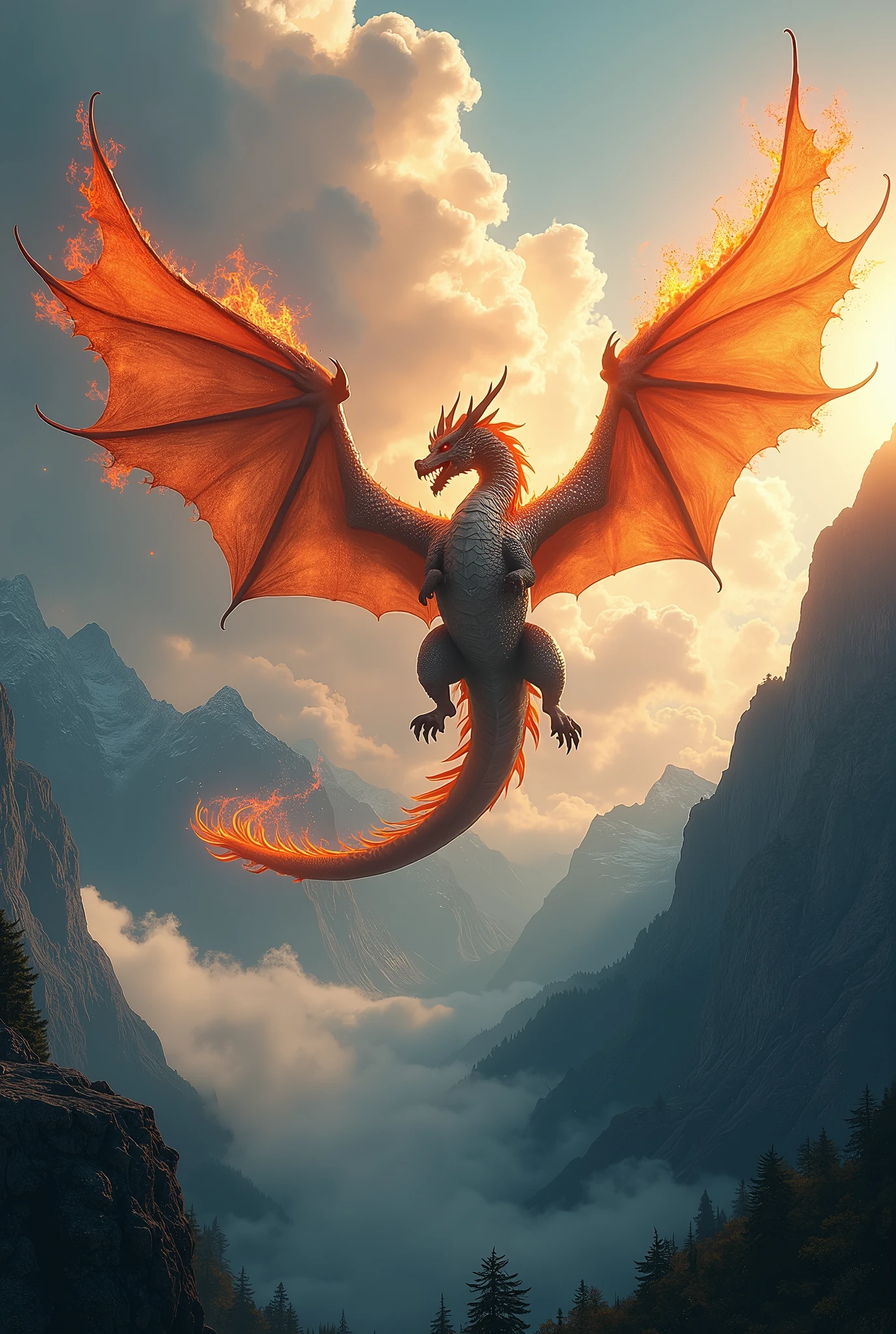 A dragon breathing fire has wings and is flying