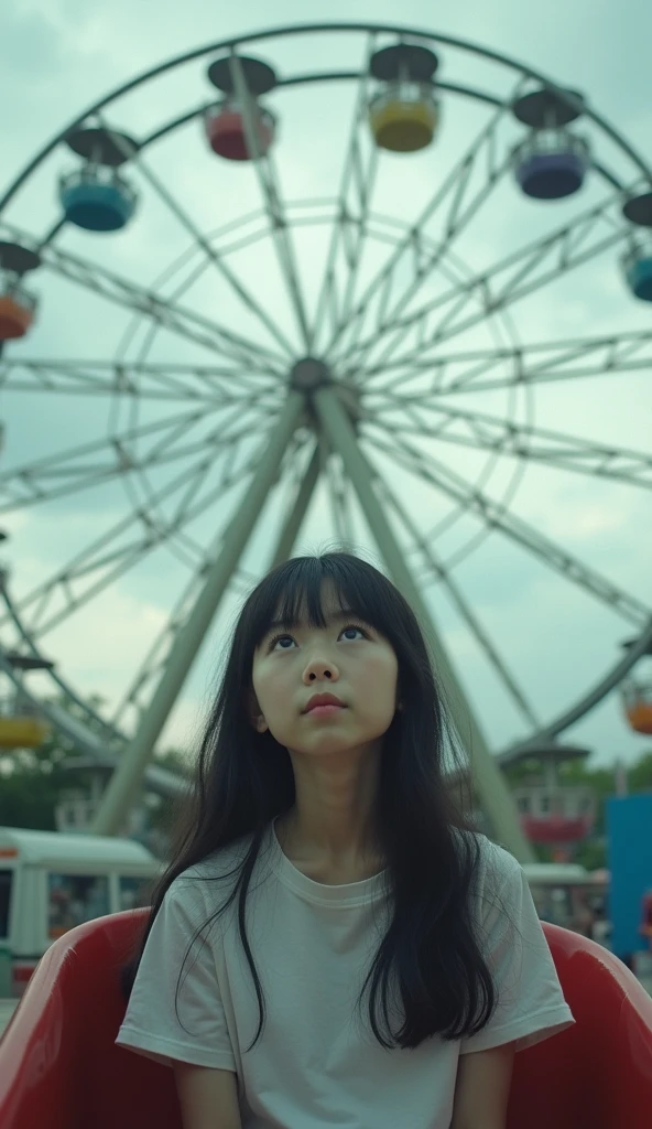 Inside the Ferris wheel、Cloudy、Depressed girl、Expressionless、Looking up at the sky、Upper Body、Black Hair、Japanese、Long Hair、Real、