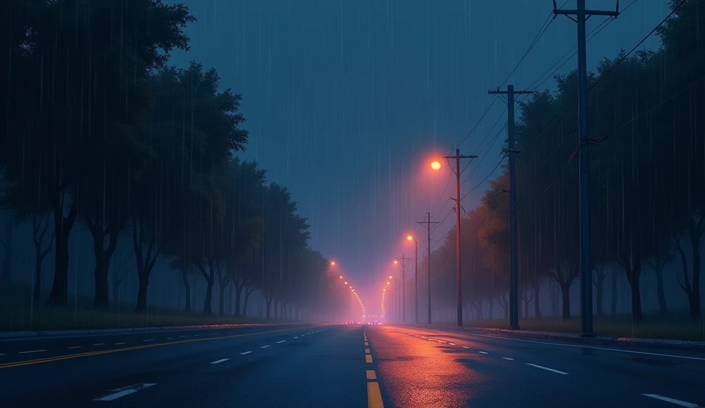 animation style, Illustration, Rainy night, Empty roads, shower, blinker