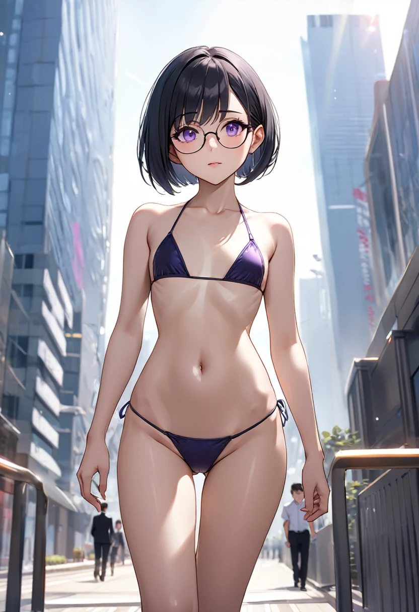 Highest quality、Best image quality、masterpiece、One adult woman、26 years old、Beautiful Eyes、black hair, purple eyes、((Short bob cut))、(flat chest)、slender、Tight waist、Round Glasses、Micro Bikini, noon、Outdoor、cowboy shot, Walking、Natural light、Shallow depth of field、In the office district、skyscraper
