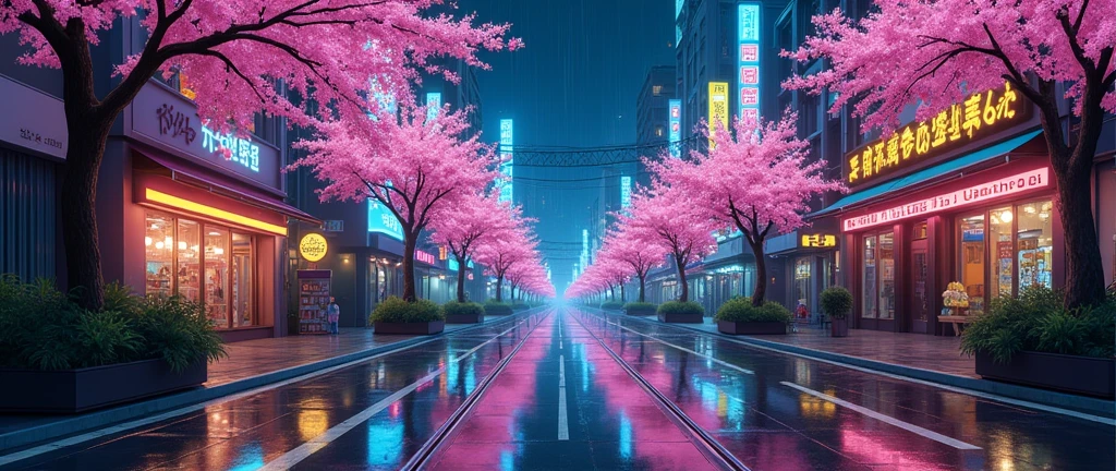 A retro anime city at night with neon lights reflecting on wet pavement from rain. There are cherry blossom trees lining the streets.
