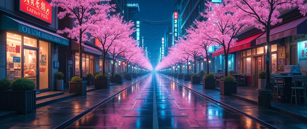 A retro anime city at night with neon lights reflecting on wet pavement from rain. There are cherry blossom trees lining the streets.