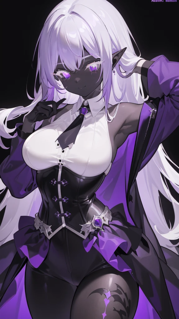 a woman, purple theme, monochrome, pointy ears, smile, closed mouth, solo, long hair, looking at viewer, lob hair, scars, large breasts, elegant hips, corset, (masterpiece, best quality, absurdres, detailed, ultra-detailed:1.3), sexy