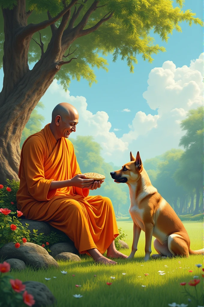 Gautam buddha feeding roti to A dog