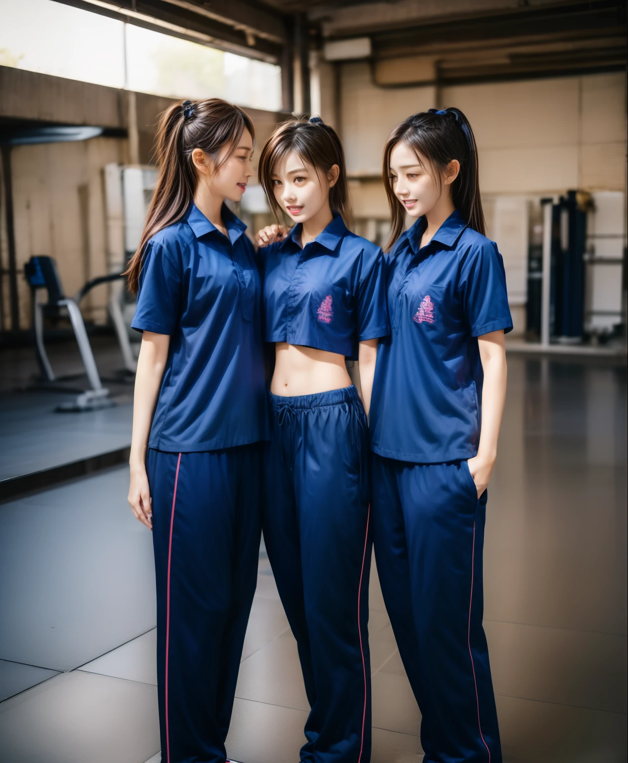 3 girls in garage, Navy blue short-sleeved shirt,Navy Long Trackpant,Sweatpants, Sweatpantsขายาว,25 year old girl, lesbian, sexy, exercise clothes, wet body, exercise clothes