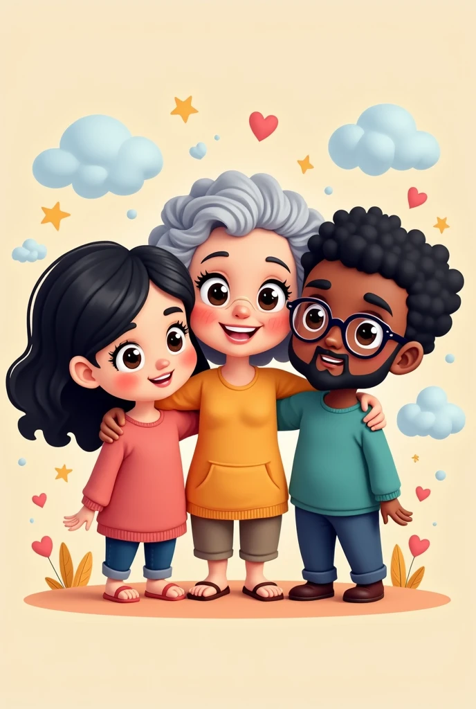 Draw these THREE PEOPLE together in a chibi style.:
1) white female 37 years old, with black hair to the shoulders, without bangs, and dark brown eyes.
2) 63-year-old woman with more or less dark skin, curly, gray hair and wears glasses) 65-year-old white male, has short, dark gray hair, wearing a goatee and glasses.