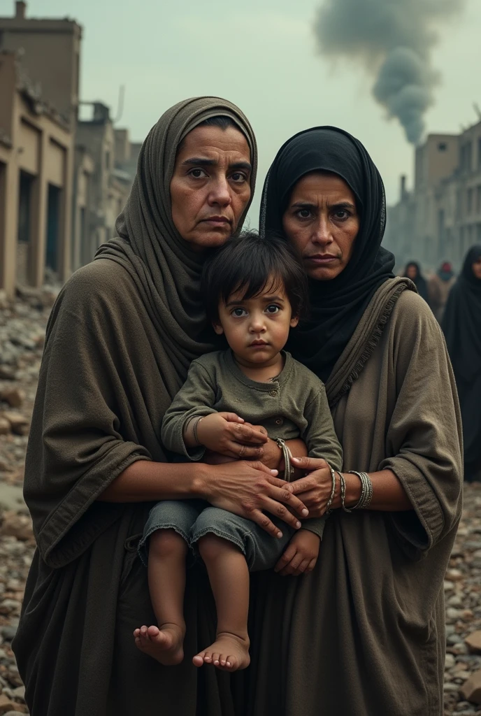 Creating poor women and children in a war scenario crying desperately