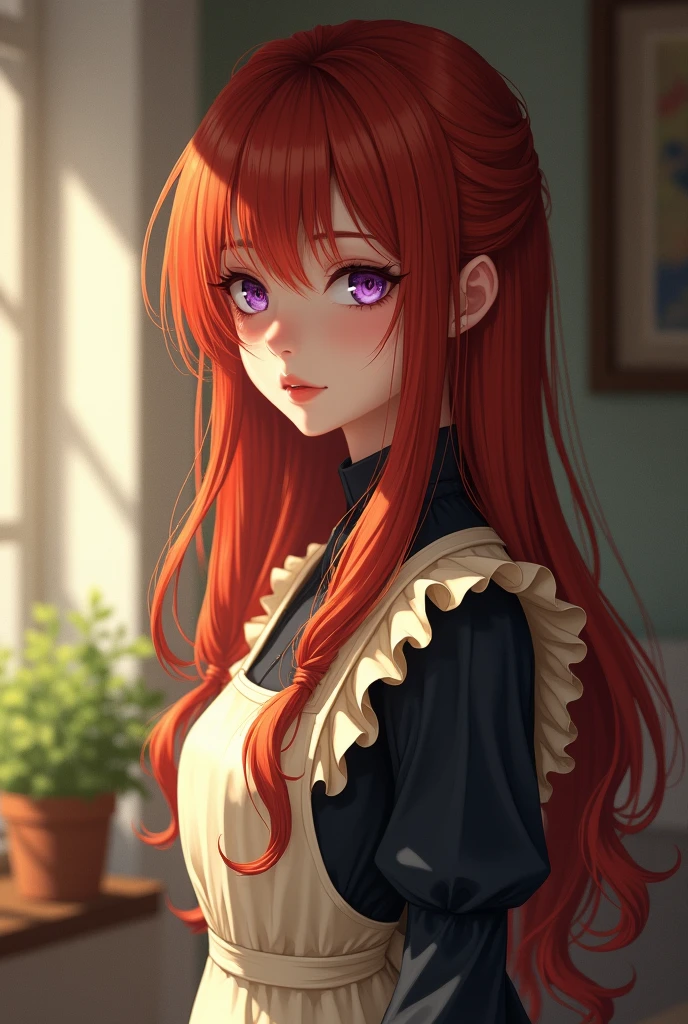 work of art,(best qualityer, illustration,face detailed:1.3),(1 girl,standing alone:1.3),beautiful detailed eyes,  apron, Gradient_fund, Gradient, housekeeper, purples eyes,red body hair,breasts small,, break, enhousekeepered, offwhite_apron, blackw_don, hypdertailed, blackw_Shoes, frilled_apron, don, housekeeper_apron, alternate_body hair,very long body hair, to divide_hypdertailed, areola 