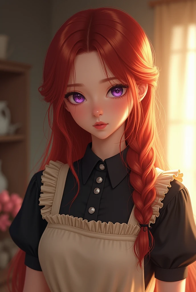 work of art,(best qualityer, illustration,face detailed:1.3),(1 girl,standing alone:1.3),beautiful detailed eyes,  apron, Gradient_fund, Gradient, housekeeper, purples eyes,red body hair,breasts small,, break, enhousekeepered, offwhite_apron, blackw_don, hypdertailed, blackw_Shoes, frilled_apron, don, housekeeper_apron, alternate_body hair,very long body hair, to divide_hypdertailed, areola 