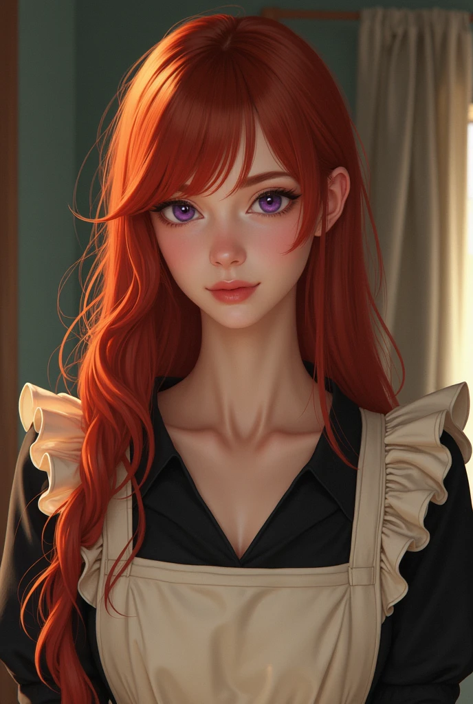 work of art,(best qualityer, illustration,face detailed:1.3),(1 girl,standing alone:1.3),beautiful detailed eyes, apron, Gradient_fund, Gradient, housekeeper, purples eyes,red body hair,breasts small,, break, enhousekeepered, offwhite_apron, blackw_don, hypdertailed, blackw_Shoes, frilled_apron, don, housekeeper_apron, alternate_body hair,very long body hair, to divide_hypdertailed, areola