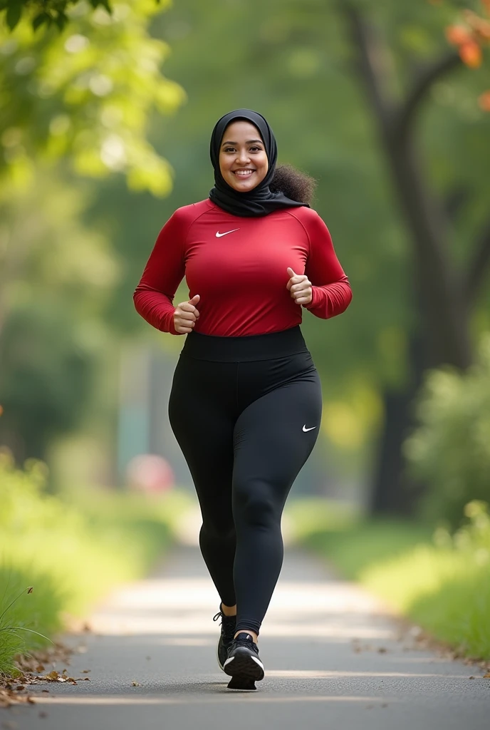 A beautiful chubby indonesian women, natural huge breasts, sensual and seductive expression, wearing longsleeve nike sportswear, nike sport hijab, nike shoes, sweaty body, running on jugging track at city garden in the morning as background detail. look at the viewer, natural light, realistic photography, wide angle shot.