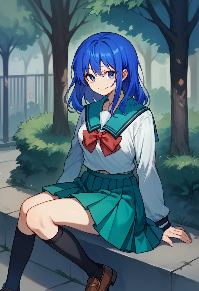 1girl, teruahashi, at the park, soft smile, glowing, front-tie top, long sleeves, school uniform, green skirt, kneehighs, black socks, brown footwear, blue hair, blue eyes