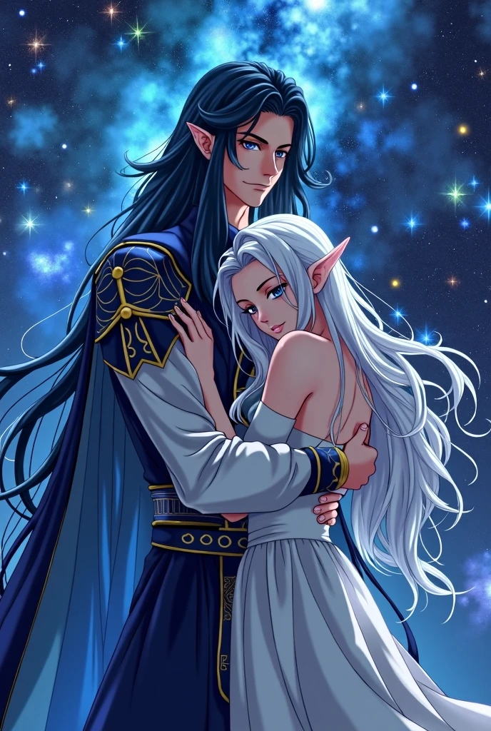 put the name: (The Eminent Divine Spirit), written in the drawing. Create a character, masculine (ten mens) in Japanese ANIME style, IN a cosmic environment, long black hair with a cobalt blue streak in one hair, cobalt blue eyes. holding/Hugging an adult silver-haired elf.