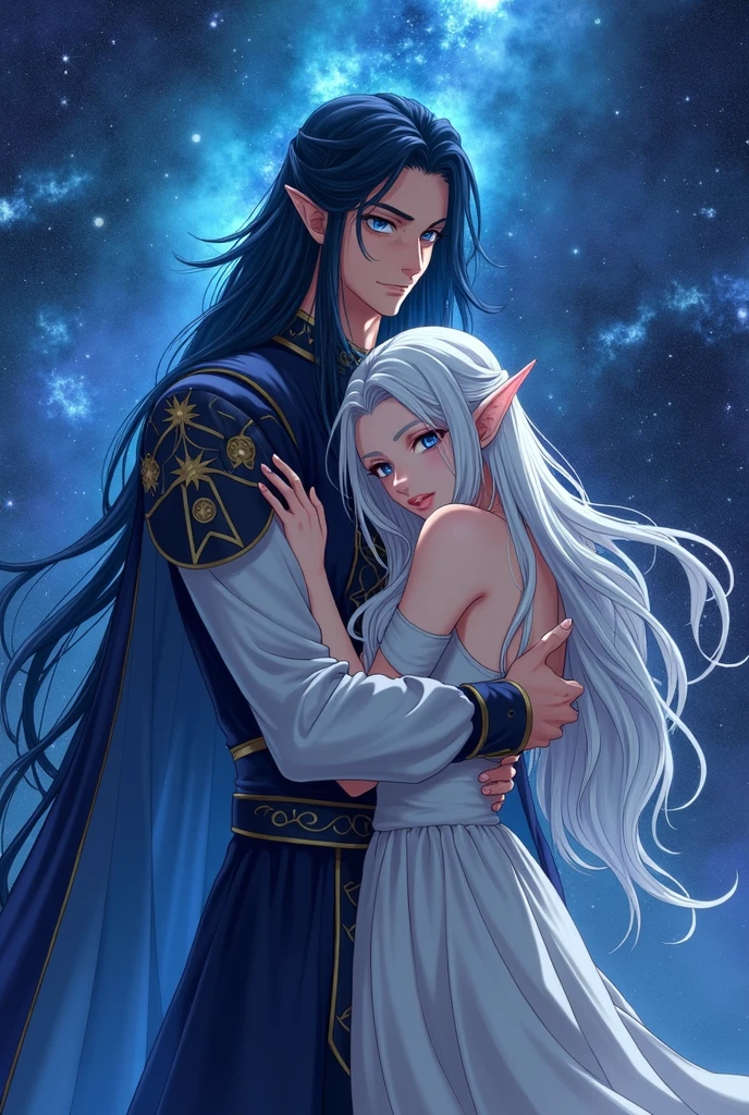 put the name: (The Eminent Divine Spirit), written in the drawing. Create a character, masculine (ten mens) in Japanese ANIME style, IN a cosmic environment, long black hair with a cobalt blue streak in one hair, cobalt blue eyes. holding/Hugging an adult silver-haired elf.