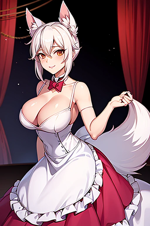 mangle, Fox-tailed zorro waifu milf, maid dress , HD, white hair with pink, bust,