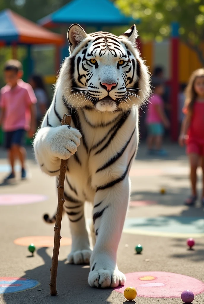 Brave white tiger holding a stick
in a schoolyard