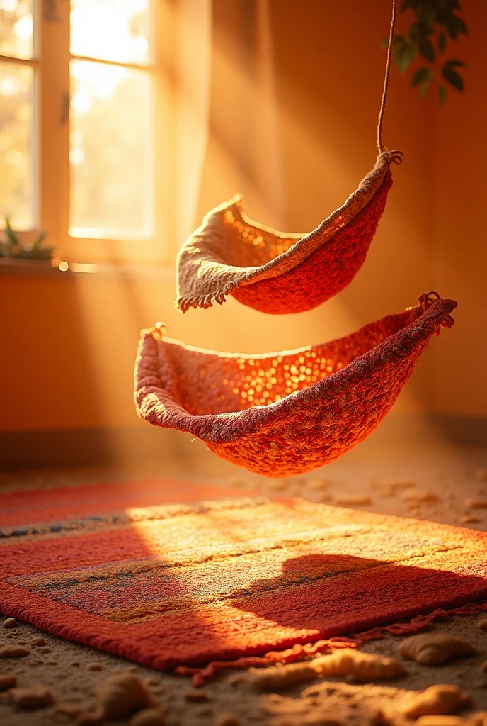 Hand made cotton rugs floating in the air, soft orange lighting background 