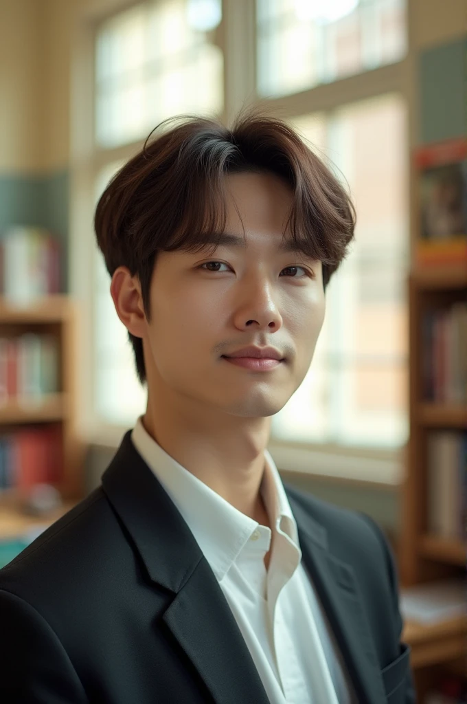 Hosoek From bts a Korean man, with straight brown hair, dark eyes, rounded heart-shaped lips, handsome face, white skin delicate features, slanted eyes, with a school uniform and school background
