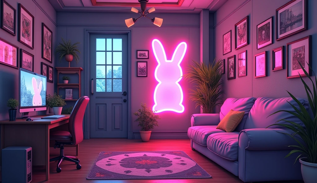 Anime Style、A room decorated with many paintings、cyber-、A large neon rabbit shape,component