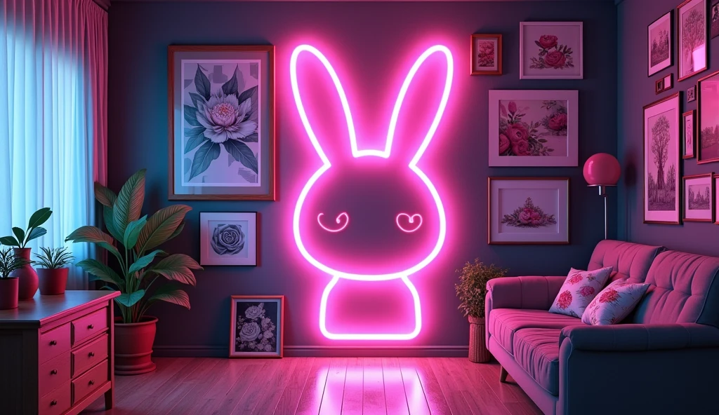 Anime Style、A room decorated with many paintings、cyber-、A large neon rabbit shape,component