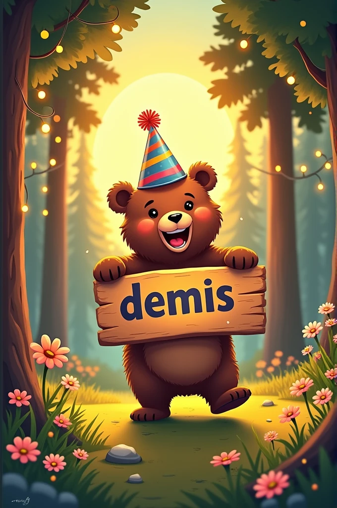A bear dancing with a sign with the Word 'demsis'