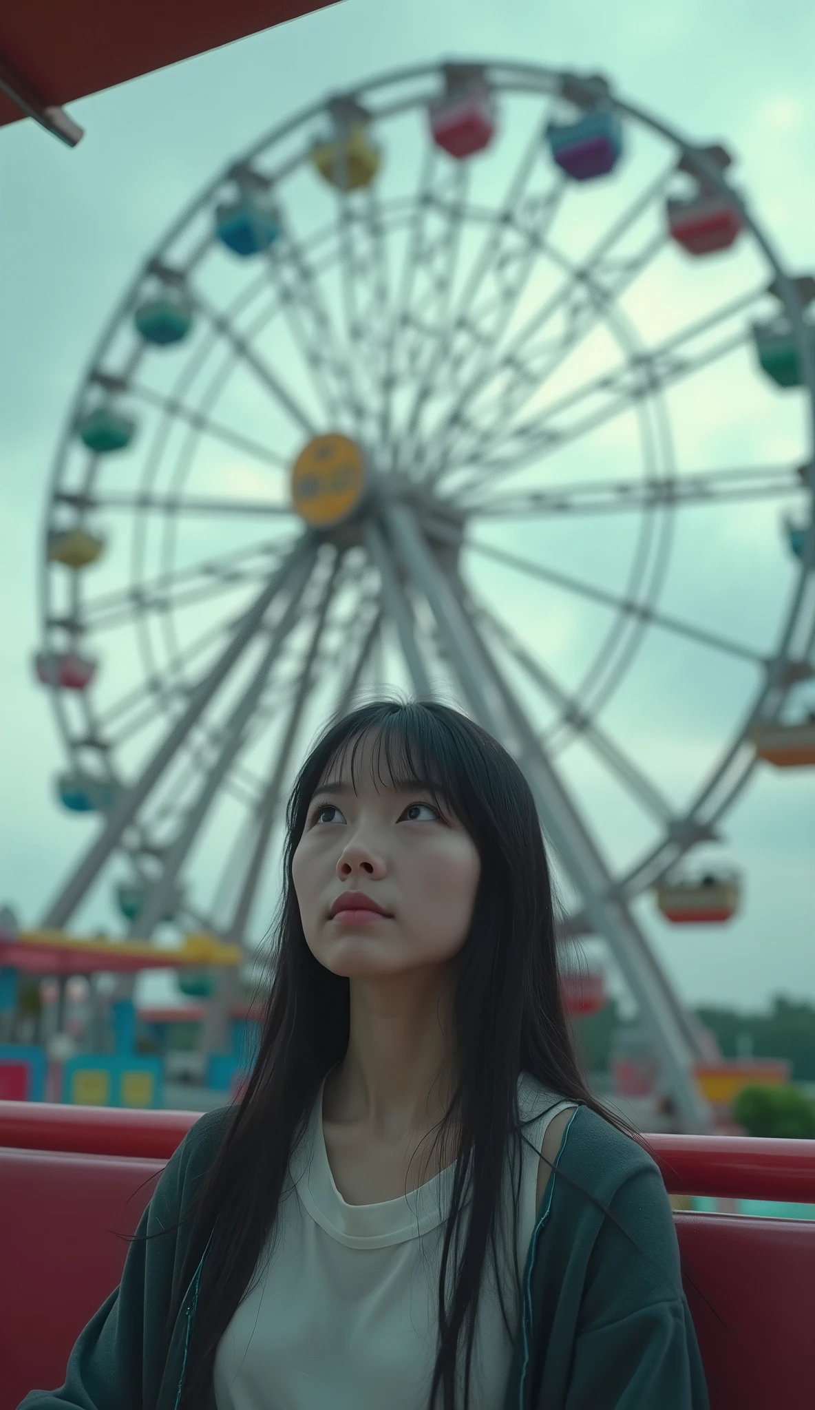 Inside the Ferris wheel、Cloudy、Depressed girl、Expressionless、Looking up at the sky、Upper Body、Black Hair、Japanese、Long Hair、Real、