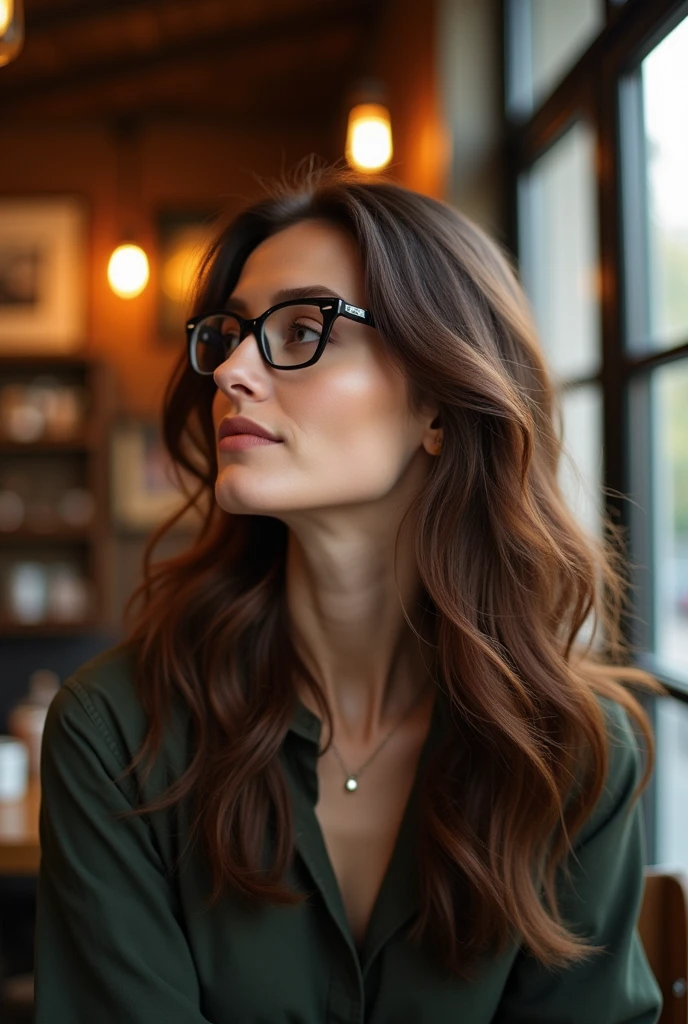 Woman with loose hair and glasses showing her profile from the right side of her face