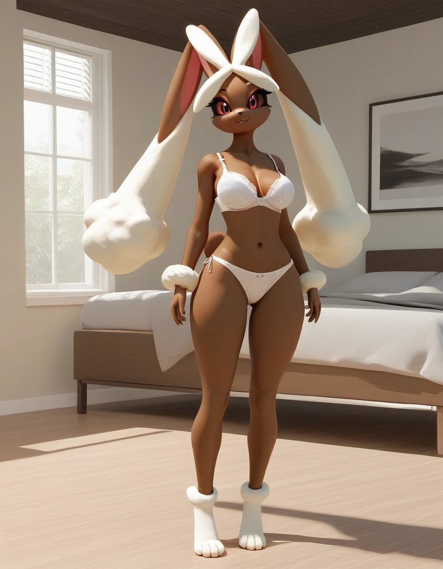 alone, score_9,score_8_up,score_7_up, anthro female lopunny, white bra, white panties, standing, indoors, full body, 3d.