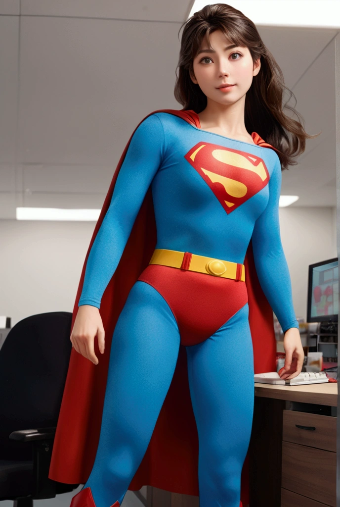 (One person), (masterpiece:1.0),(Extremely detailed 8K), (Wide long shot photo), (whole body:1.3), Realistic, Beautiful japanese girl satomi ishihara standing on the office, clothing ((Superman_80s_custom)), View your viewers, (photoRealistic:1.1), (Highest quality:1.4), (Ultra-high resolution:1.2), 8k resolution, Canon EOS R5, 50mm, Absurd, Super detailed, Beautiful face in every detail, Detailed skin texture, Pale skin, smile, Talked about at the art station, Superman_80s_custom,