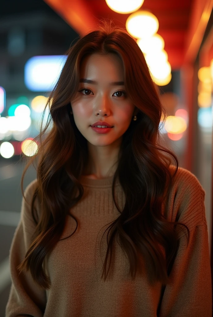 1 woman, long brown hair, brown eyes, sharp features, white skin, pink lips, sweater korean look