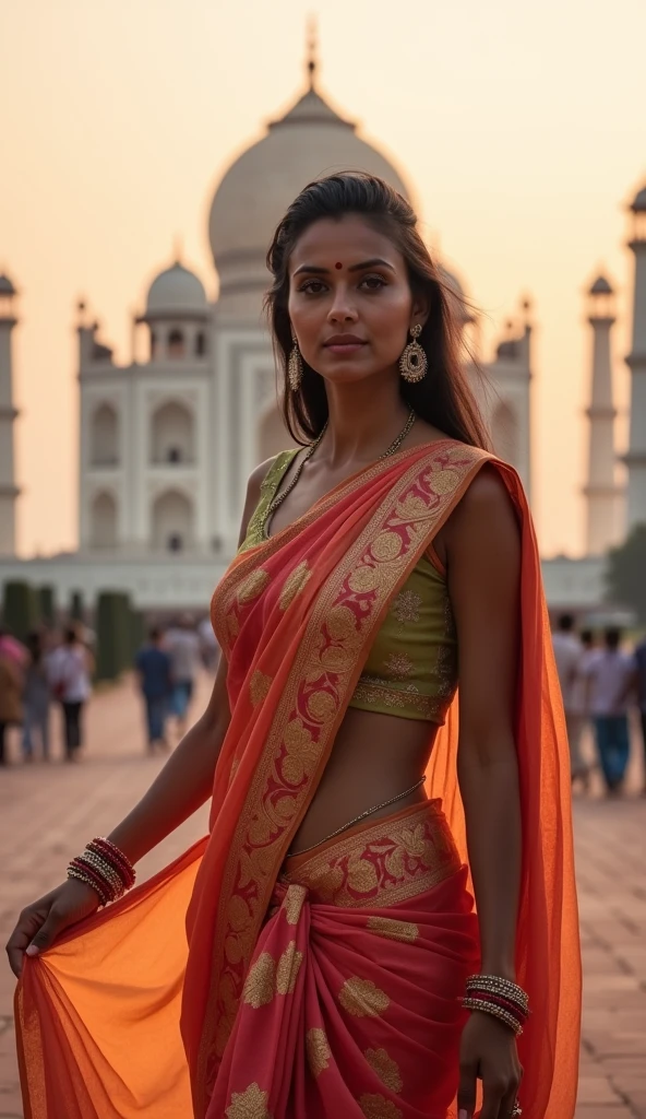 A stunning Indian woman with deep, expressive eyes and richly pigmented skin walks confidently towards the viewer, the Taj Mahal rising majestically in the background. The soft light of dawn illuminates her delicate features. She wears a beautiful silk sari in vibrant hues, adorned with intricate embroidery. Her left arm swings gently, while her right hand delicately holds the edge of her sari. (Detalhe: A small red bindi adorns her forehead. She's looking to the camera 