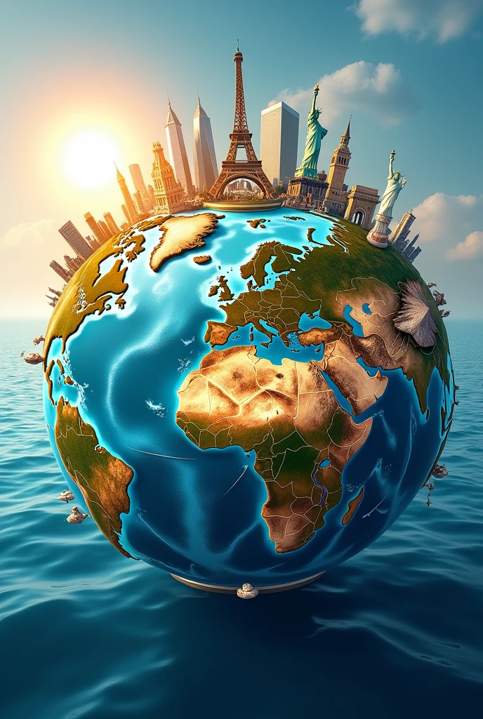 Create a picture displaying World's best tourist icons on the earth globe