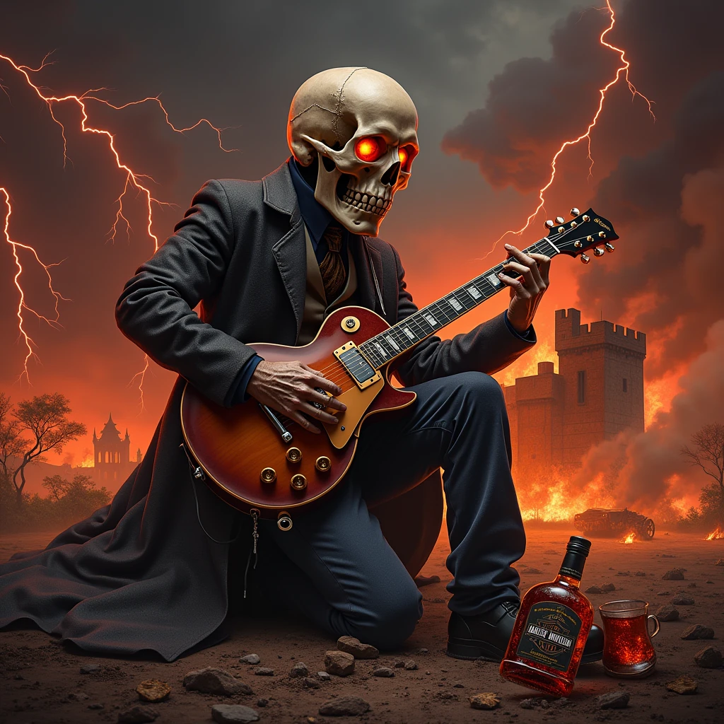 
a full-length skull playing a les paul guitar as the world ends, red lightning falling from the sky giving a tone of chaos to the image, with a castle on fire in the background and a Harley Davidson motorbike on the side, a broken bottle of whiskey in the floor