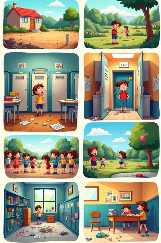 Give me 7 good cartoon illustrations where these 7 negative actions that harm the school are shown and listed: 
1. Lack of green areas (First picture)
2.Public services (bathrooms) without much hygiene (second)
3.Water waste (leaky pipes) my role (third)
4.a lot of noise in the classroom and recess (fourth)
5.accumulation of solid waste (Fifth)
6.Visual pollution(graffiti on the desks and chairs) (sixth)
 7.Proliferation of garbage in the classrooms and hallways(seventh)