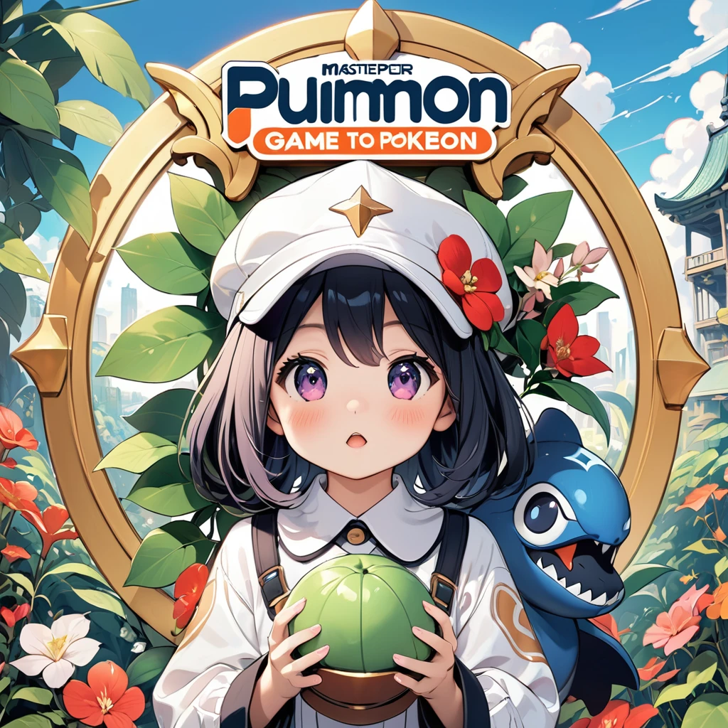 (masterpiece, best quality),game cover art,game title of "puimon",It's a game similar to Pokemon,girl wearing cap,and monster with a botanical body,