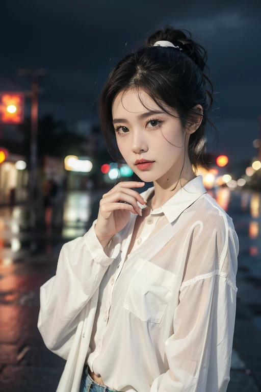 (((best quality))),(((Extremely detailed))),(((masterpiece))),illustration,1 Girl, young,Solitary, Slim,Thin,Short Ponytail,Small Breasts,flat chest,White collared shirt,cleveage,Umbilical cord,shorts,permanent,Put your hands behind your back,Rainy night, Heavy rain, Wet clothes, 忧郁的expression, Lonely, Tears rolled down my cheeks, Wet hair, Empty streets, Dark, Barren environment, sound of rain, Footsteps, A symbol of hope, abandoned, Elasticity, determination, Walking in the rain, Heartbreak, loss, Love fades away, , body language, expression, Dull atmosphere, Rain-soaked streets, melancholic mood, Audience Engagement,((Upper Body,From the front)),city View,Night view