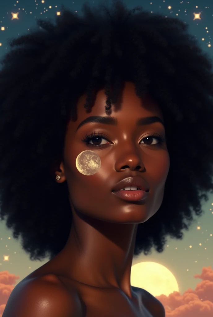 black afro hair with a lunar birthmark on the left cheek, dark skin, black eyes