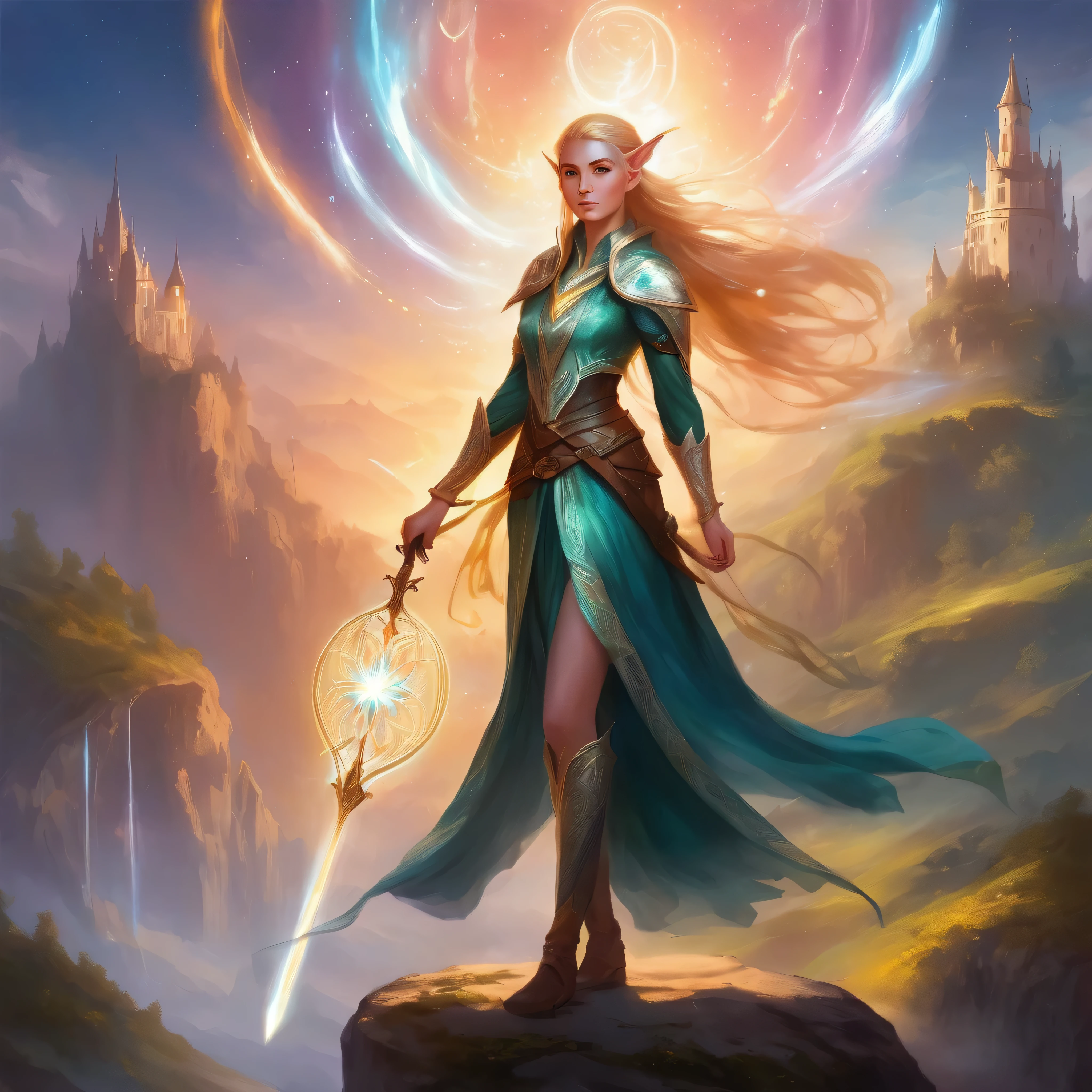ethereal fantasy concept art of a brave elf dnd wizardess . magnificent, celestial, ethereal, painterly, epic, majestic, magical, fantasy art, cover art, dreamy, full body shot, staff in right hand, surrounded by runes of light