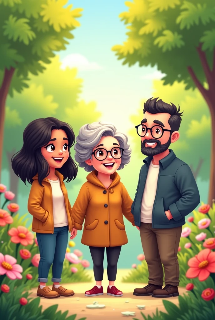 Draw these THREE PEOPLE together in a chibi style.:
1) white female 37 years old, with black hair to the shoulders, without bangs, and dark brown eyes.
2) 63-year-old woman with more or less dark skin, curly, gray hair and wears glasses) 65-year-old white male, has short, dark gray hair, wearing a goatee and glasses.
