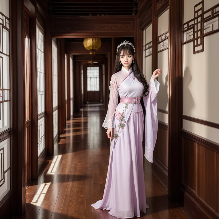 Sideways photo,best quality, Delicate face,beautiful visual work, lifelike, eternity, black hair, Long curly hair, blunt bangs, Smile, Detailed Background, Delicate face,blush,cold,((masterpiece))、(top quality)、8k、high detail、Super detailed,31 years old female,Wearing Tang Dynasty Hanfu、waist skirt, Clothes are light and fluffy,Hanfu, wide sleeves, Transparent sleeves, Tunic, Clothes made of chiffon, Seductive and whimsical style、masterpiece、born、Scenes resembling fairy tale illustrations、Intricate details and complex designs、Beautifully、magic、capricious、 Beautifully、Dream aesthetics、「𝓡𝓸𝓶𝓪𝓷𝓽𝓲𝓬、ethereal、charming、fickle、magic」、Realism、Visual effects、FXAA、SSAO、Shaders、voiceless、ambient lighting、Tone mapping、High resolution、Ultra high quality、Million pixels、(8K resolution:1.10)、8k、Below 8K、8K resolution、high detail、intricate details, (high quality:1.2、masterpiece:1.2、:1.21)、(31 years old female:1.21)、(Smile excitedly)、(full-body shot,Normal 2 feet,Put your hands behind you,The protrusion of the breast is visible when wearing clothes, Large Breasts, H cup chest, antiquity, Xian Xia, gauze clothes, Soft and fluttering, Fairy, dream, fantasy, light, elegant, nature, Immortal, romantic, classical, ribbon, light purple clothes, In the Forbidden City corridor,Chinese Palace Corridor,imperial palace,Palace corridor