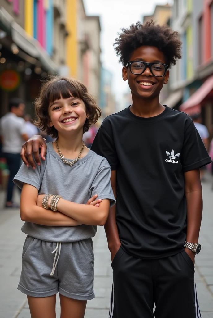 White girl with short brown hair and bangs, she has a beautiful bracelet, a smile, gray clothing, and short shorts, Black boy wearing glasses, tall with curly hair and has a watch, black Adidas clothing