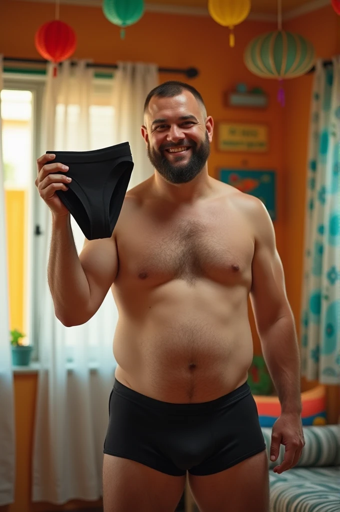 fat man, bonitas, wearing no shirt, velues, 小柄 shaved hair, 小柄, shaved beard holding a black boxer brief in his hands.