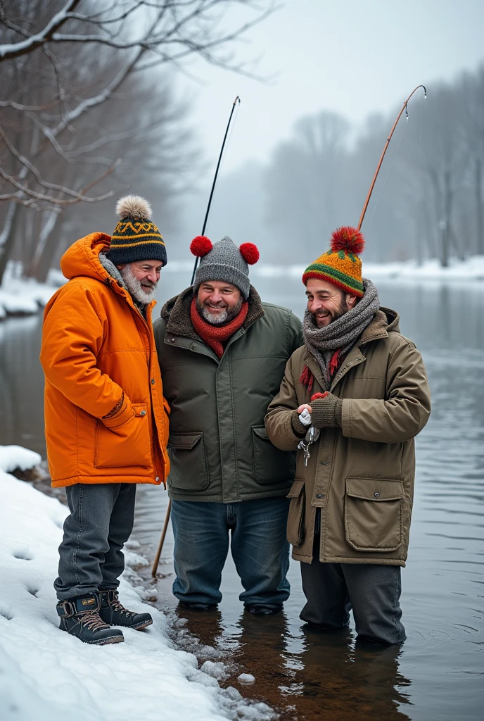 Three foolish person fishing near a river in cold weather