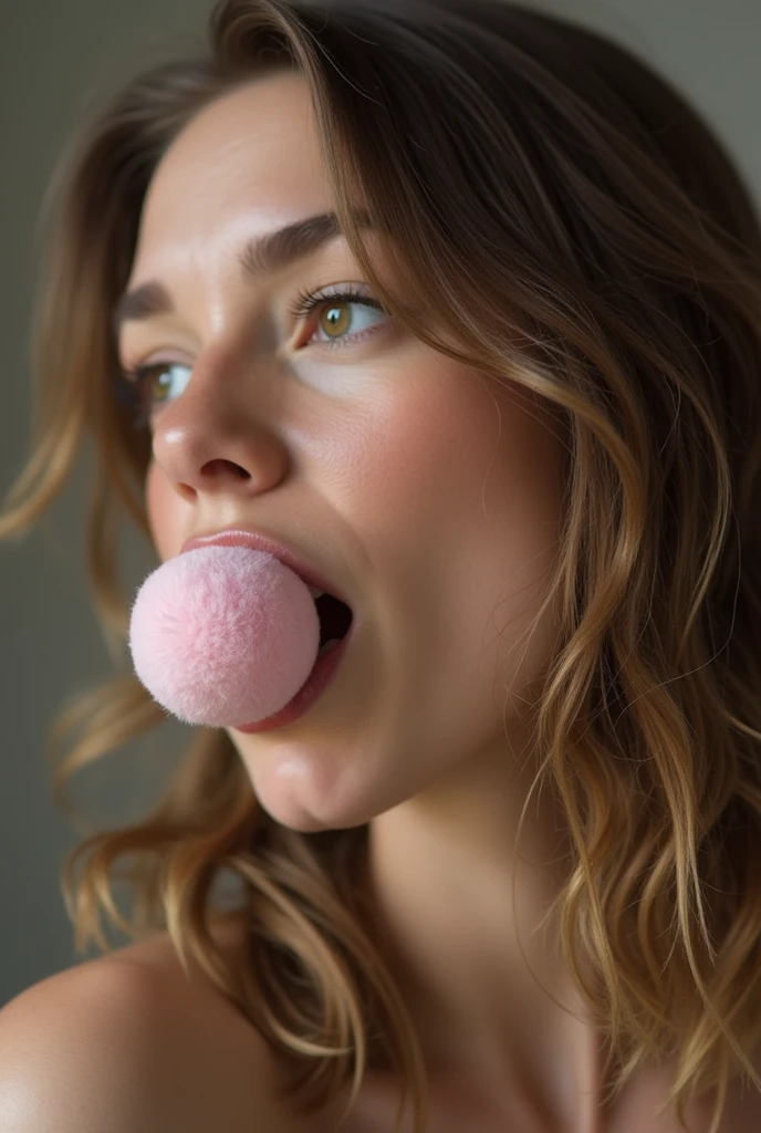 Une fillette avec un ball gag cadenassé sur la bouche.